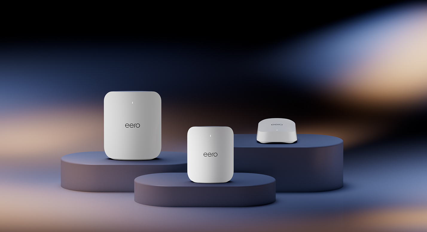Three white Eero Wi-Fi devices displayed on modern, dark-toned podiums against a gradient background.